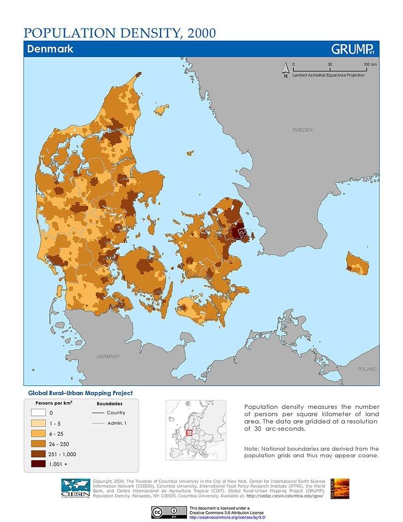 Дания карта на гъстота на населението 