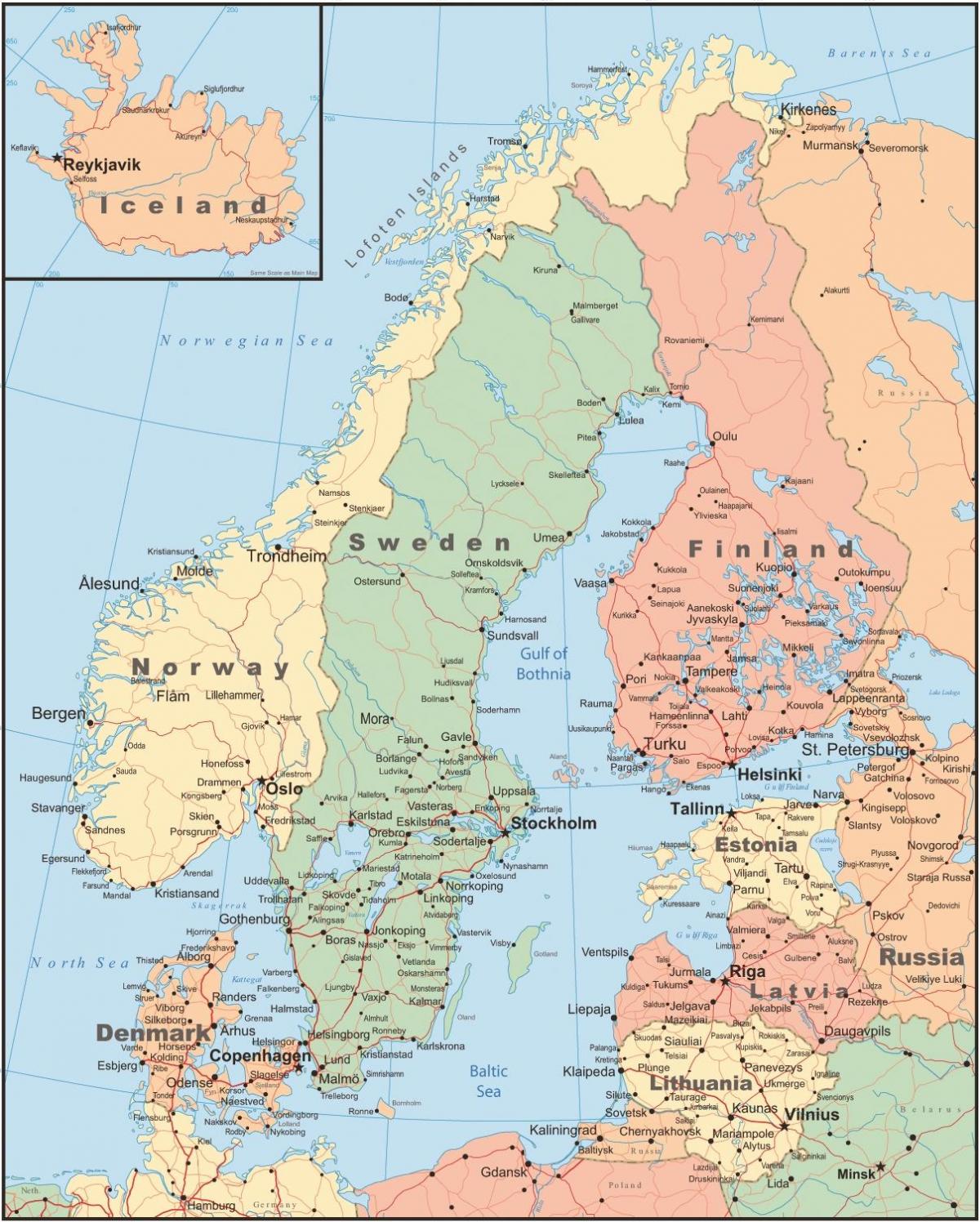 карта на Дания и съседни страни.