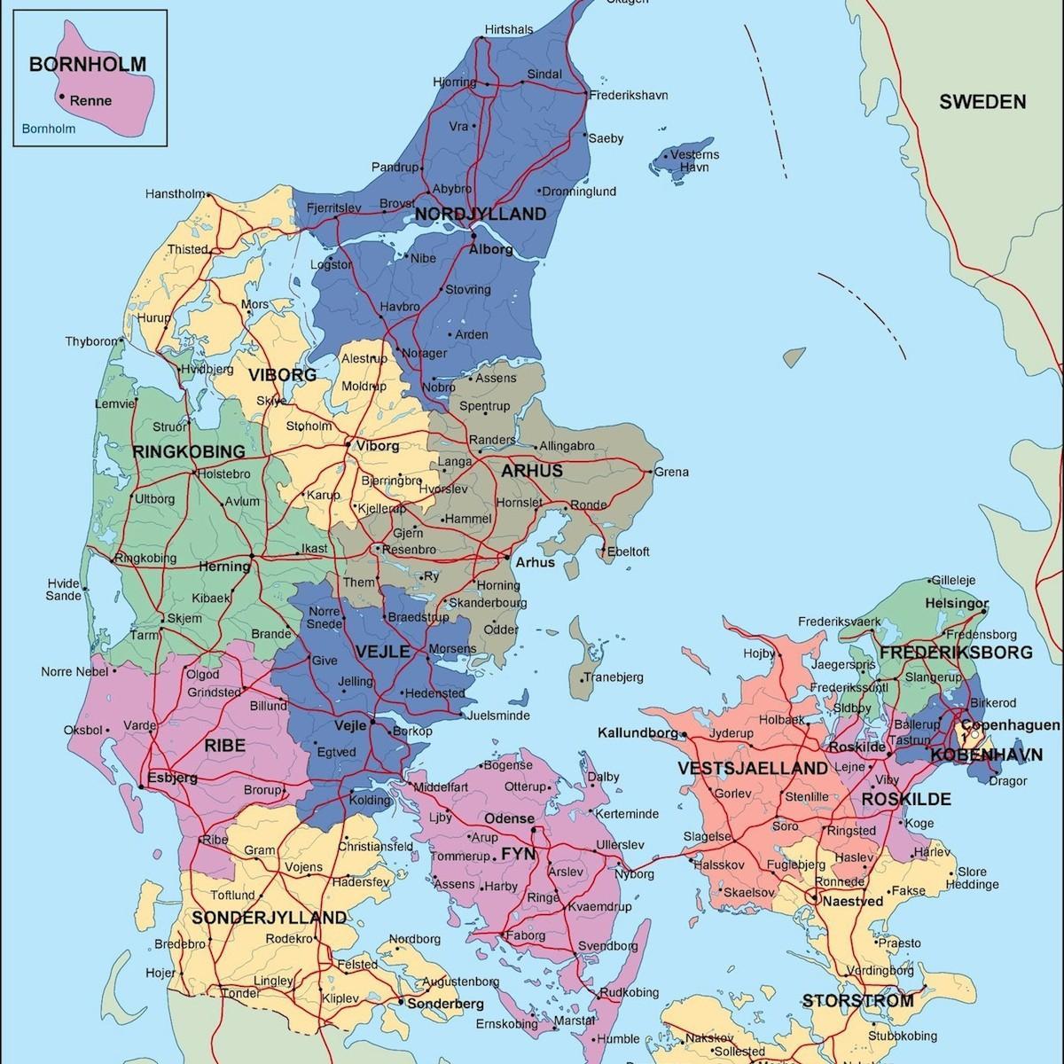 Карта на Дания политически 